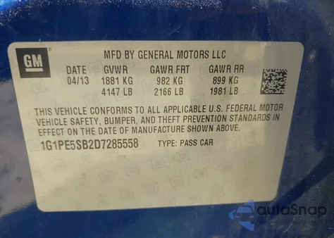 2013 Chevrolet Cruze 2Lt Auto from USA, damaged, VIN 1G1PE5SB2D7285558